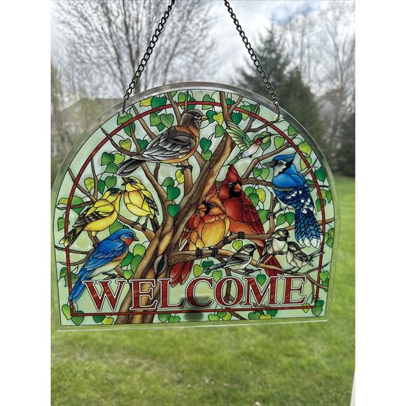 Amia Sun Catcher Stained Glass Welcome Sign Wild Birds 12.5x10.5” - Picture 1 of 9
